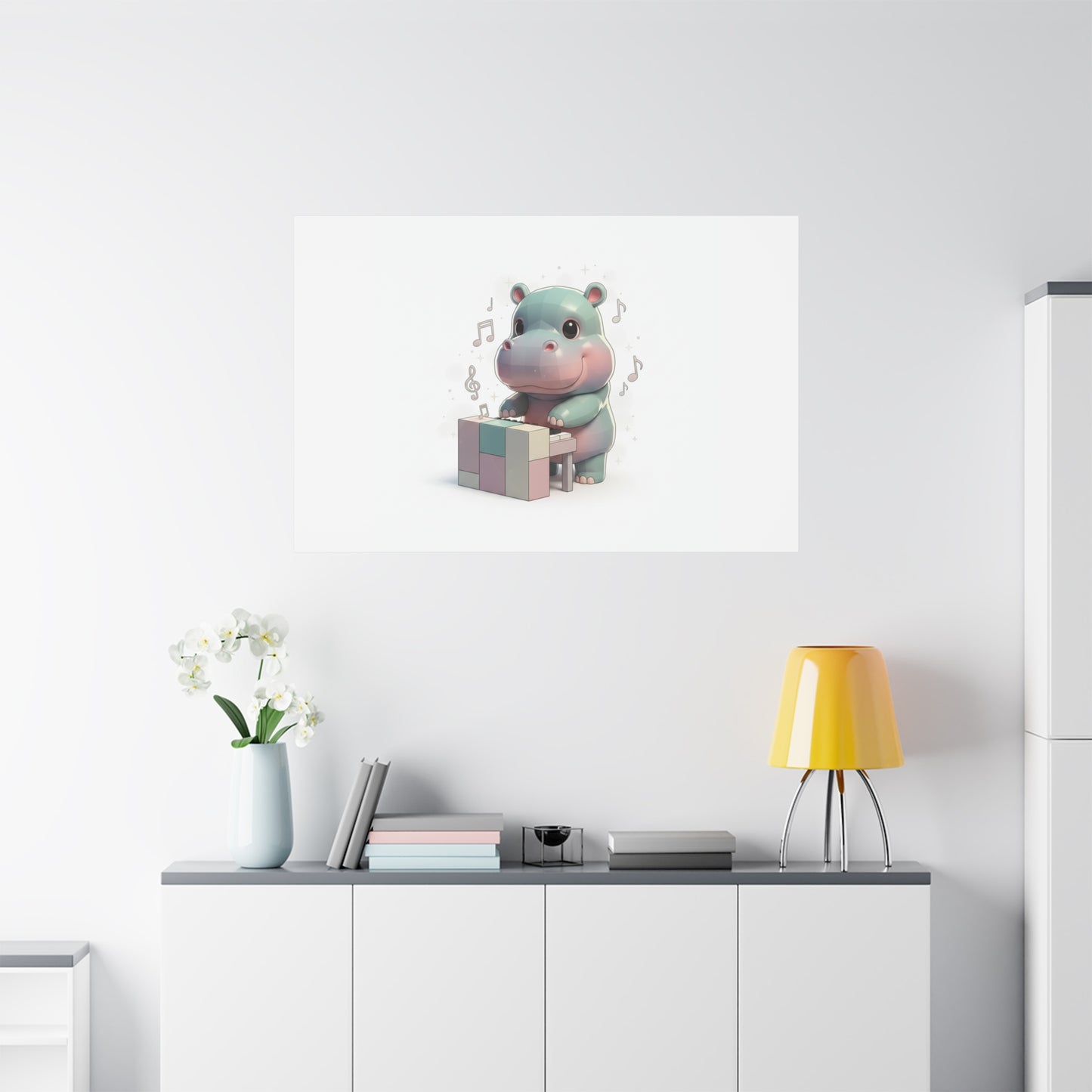 Cute Hippo Playing Piano Matte Canvas Print — Nursery Wall Art