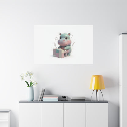 Cute Hippo Playing Piano Matte Canvas Print — Nursery Wall Art