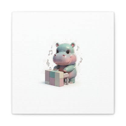 Cute Hippo Playing Piano Matte Canvas Print — Nursery Wall Art