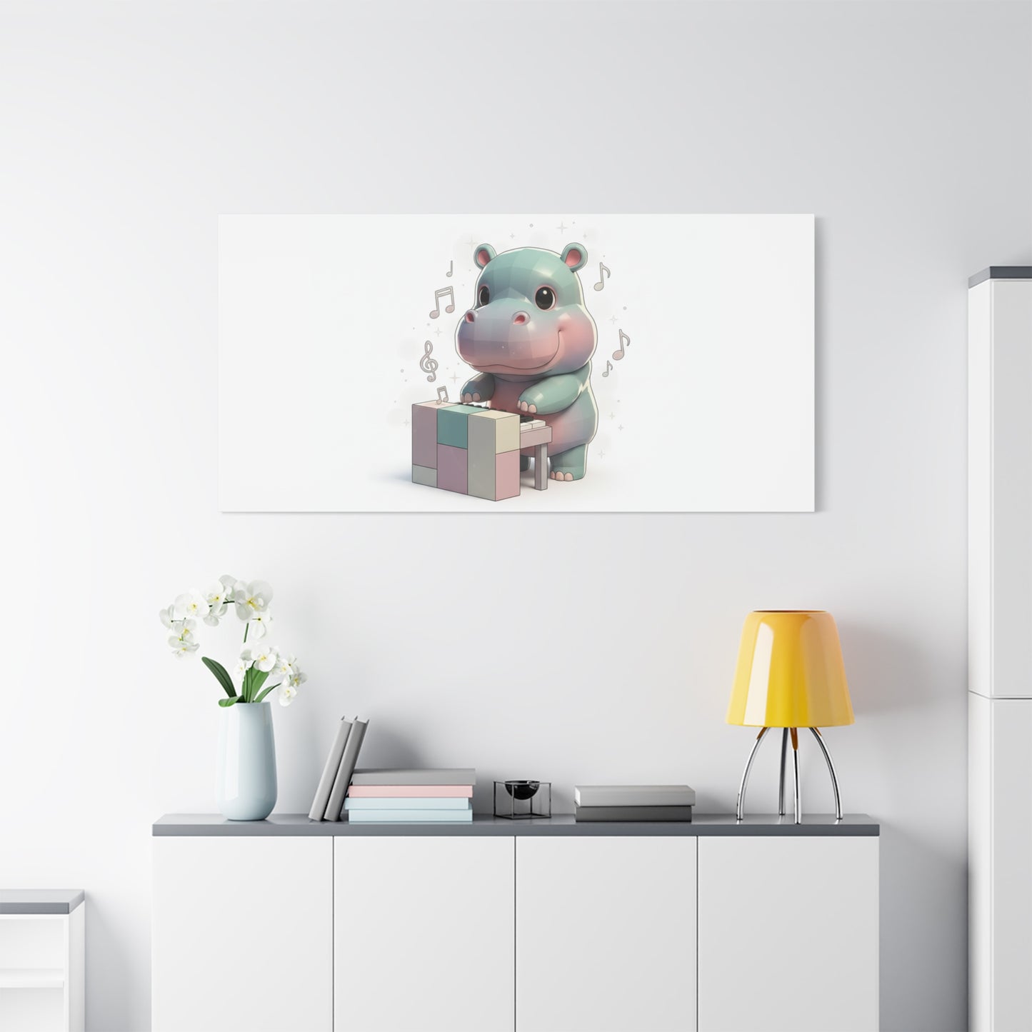 Cute Hippo Playing Piano Matte Canvas Print — Nursery Wall Art