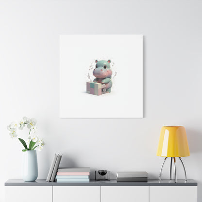 Cute Hippo Playing Piano Matte Canvas Print — Nursery Wall Art