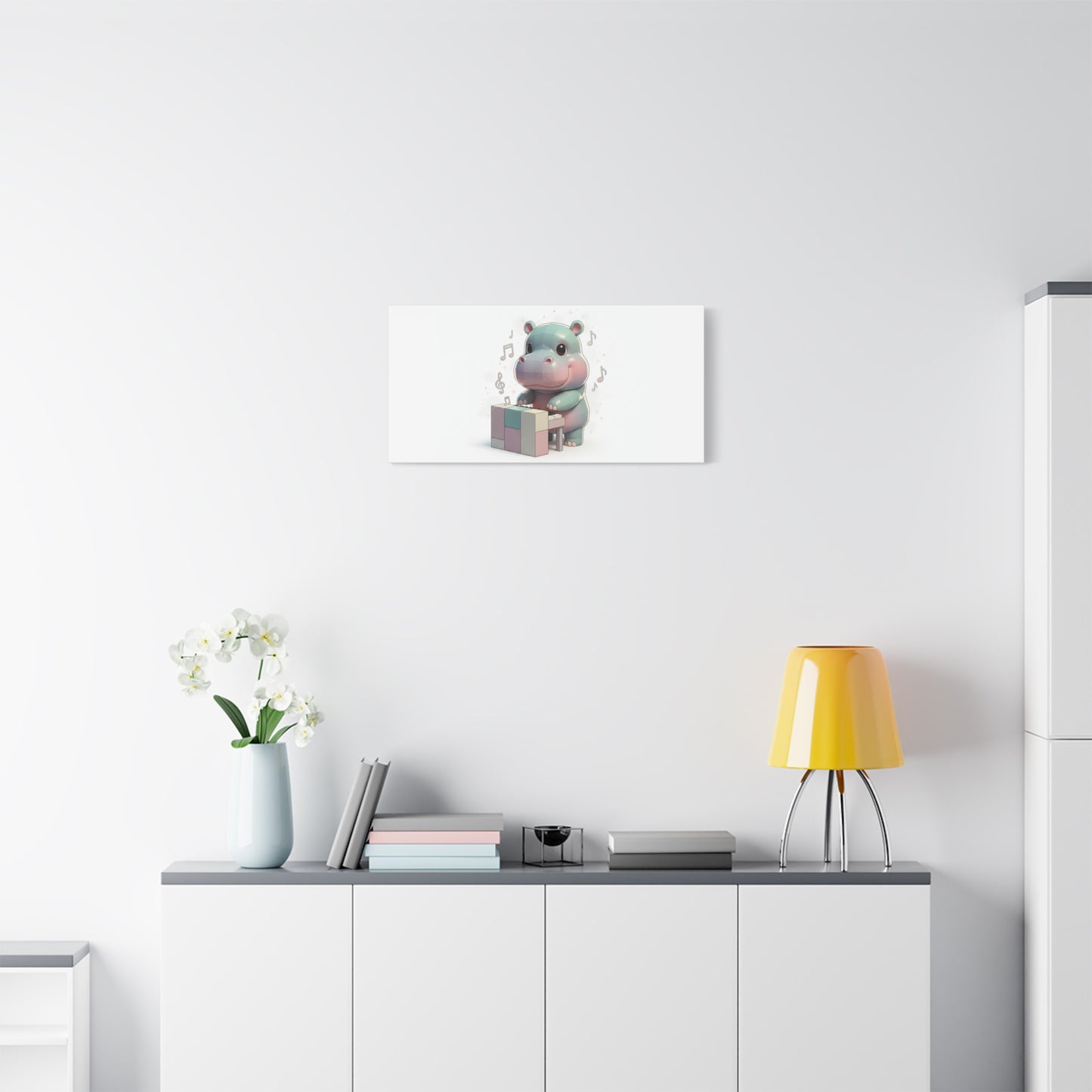 Cute Hippo Playing Piano Matte Canvas Print — Nursery Wall Art