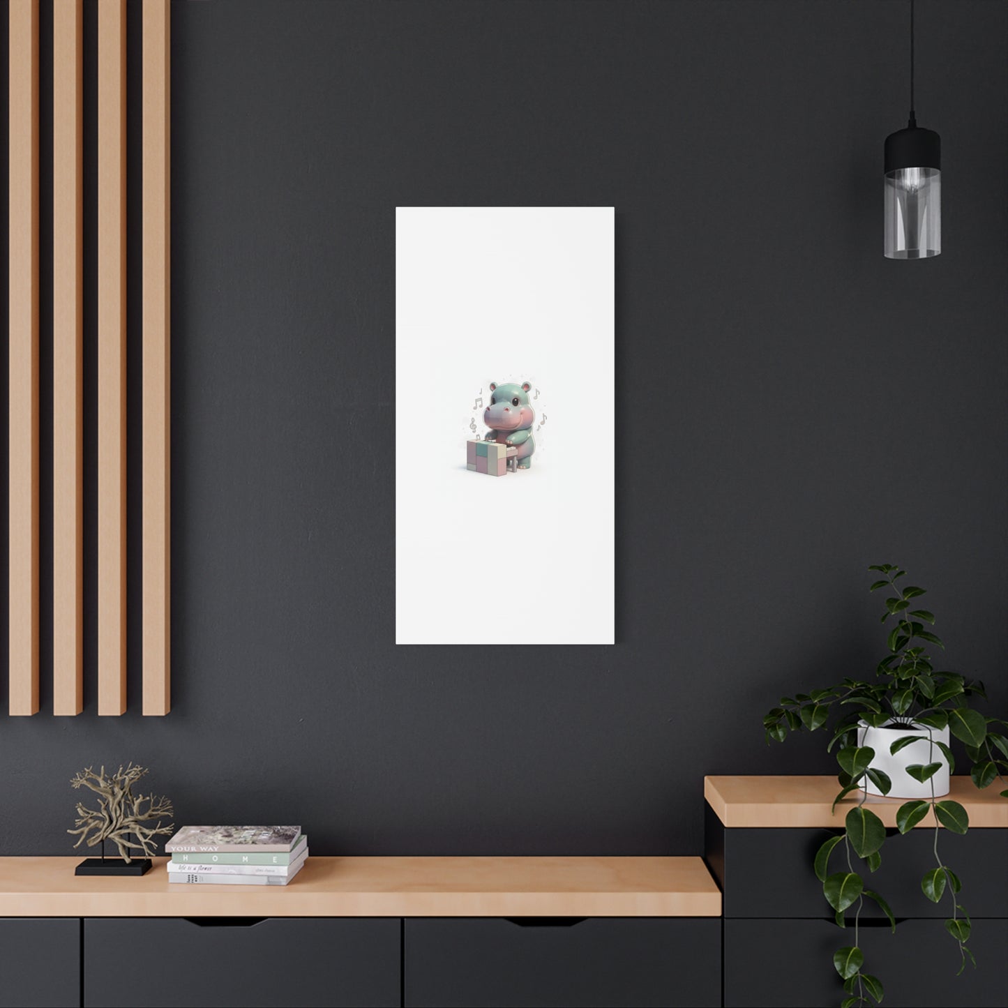 Cute Hippo Playing Piano Matte Canvas Print — Nursery Wall Art