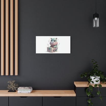 Cute Hippo Playing Piano Matte Canvas Print — Nursery Wall Art
