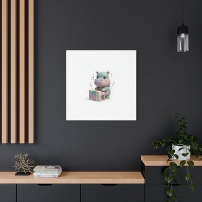 Cute Hippo Playing Piano Matte Canvas Print — Nursery Wall Art