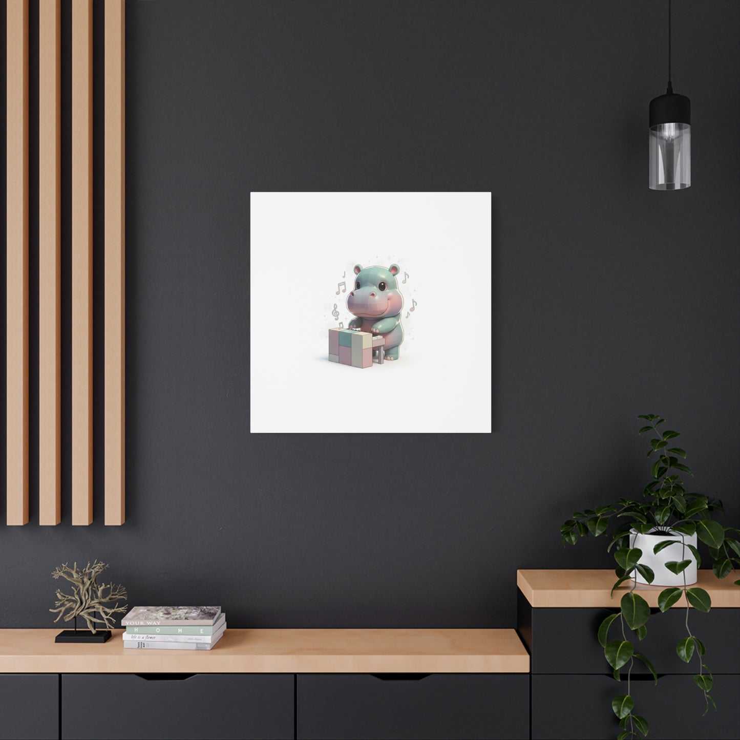 Cute Hippo Playing Piano Matte Canvas Print — Nursery Wall Art