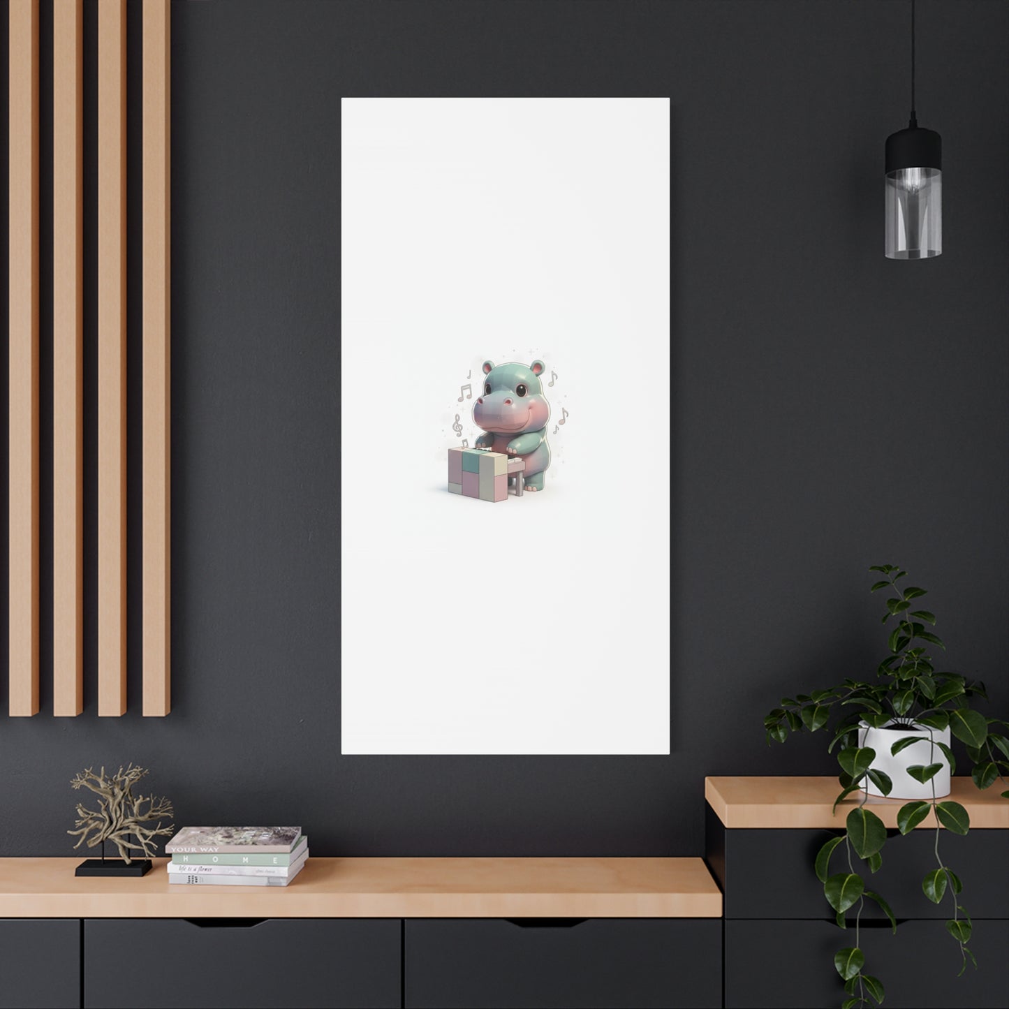 Cute Hippo Playing Piano Matte Canvas Print — Nursery Wall Art