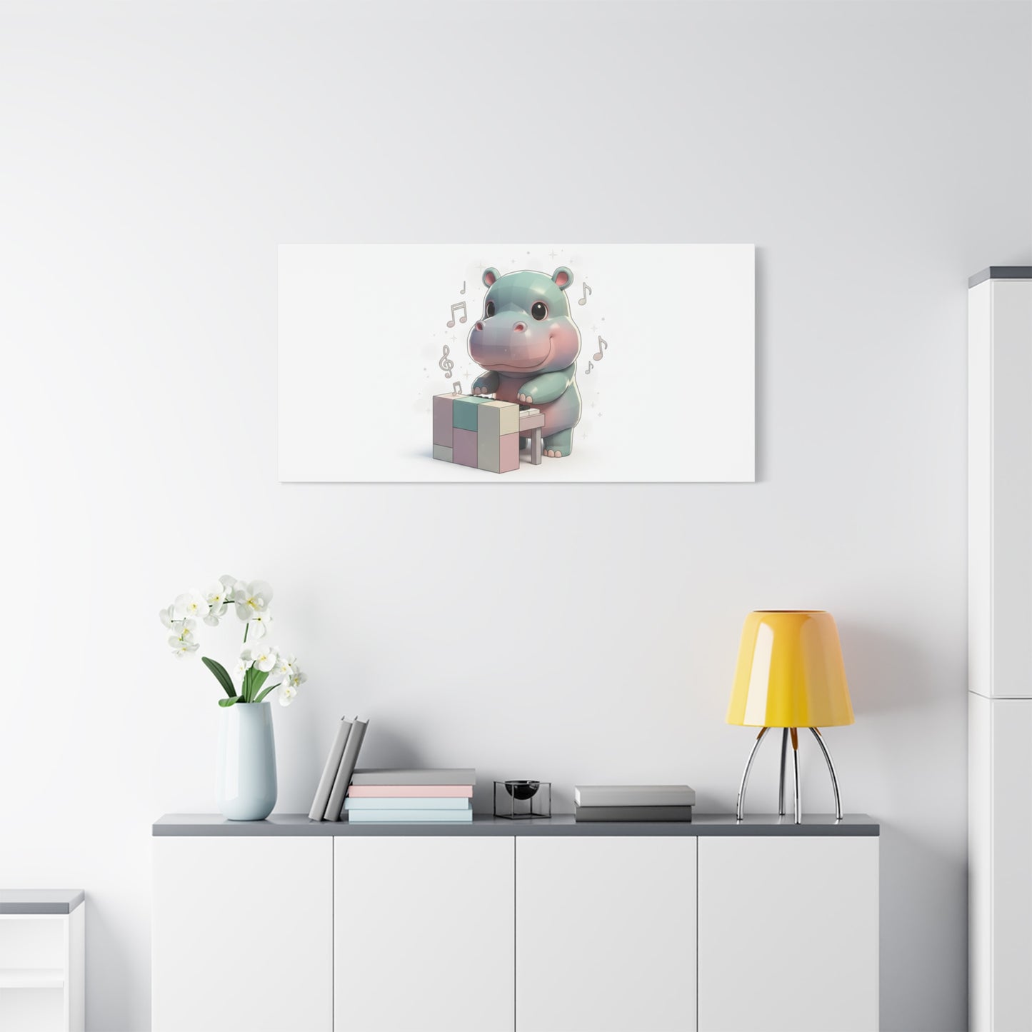 Cute Hippo Playing Piano Matte Canvas Print — Nursery Wall Art
