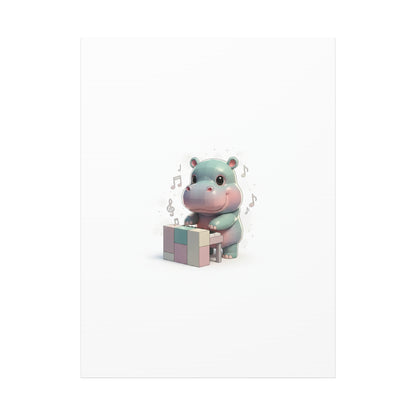 Cute Hippo Playing Piano Matte Canvas Print — Nursery Wall Art