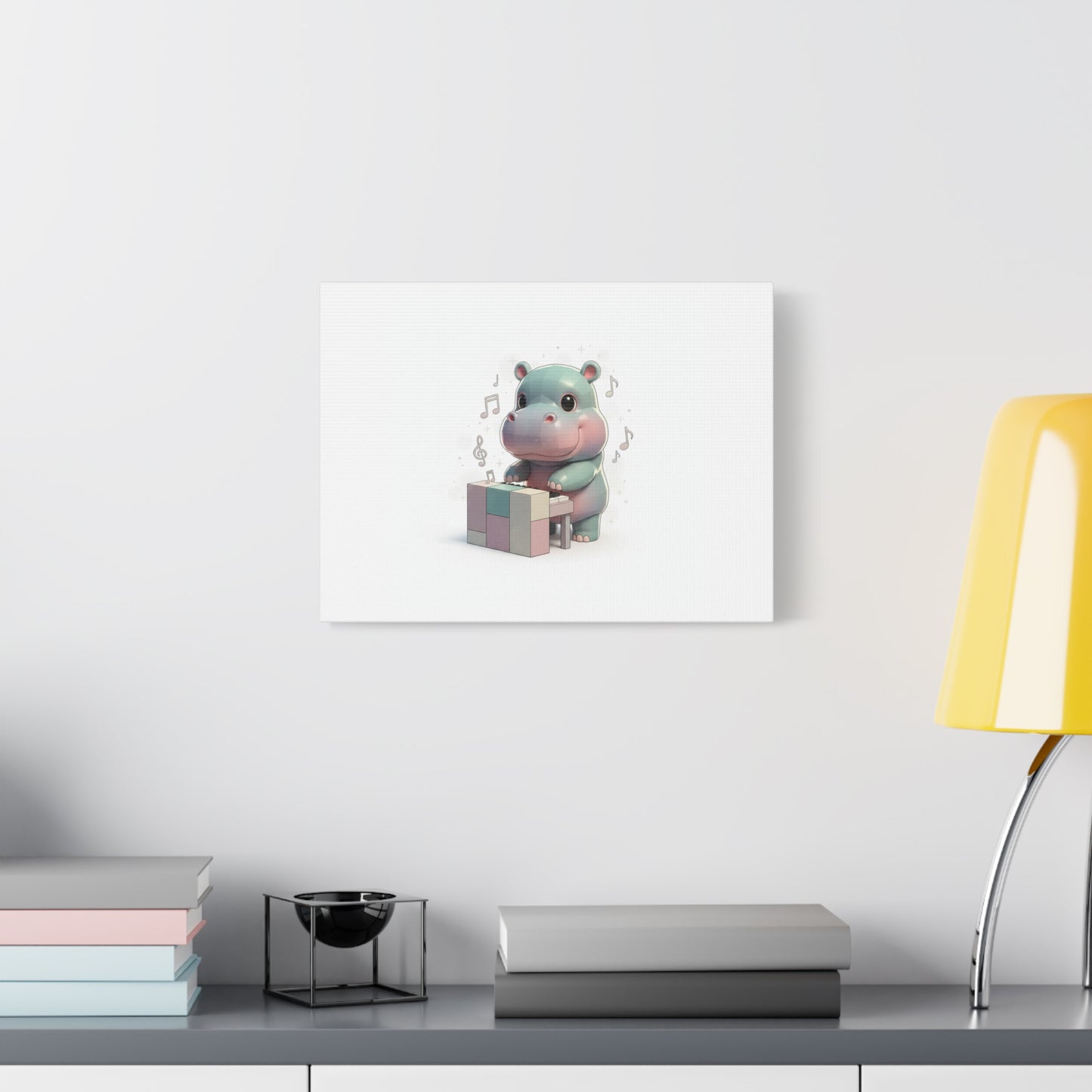 Cute Hippo Playing Piano Matte Canvas Print — Nursery Wall Art