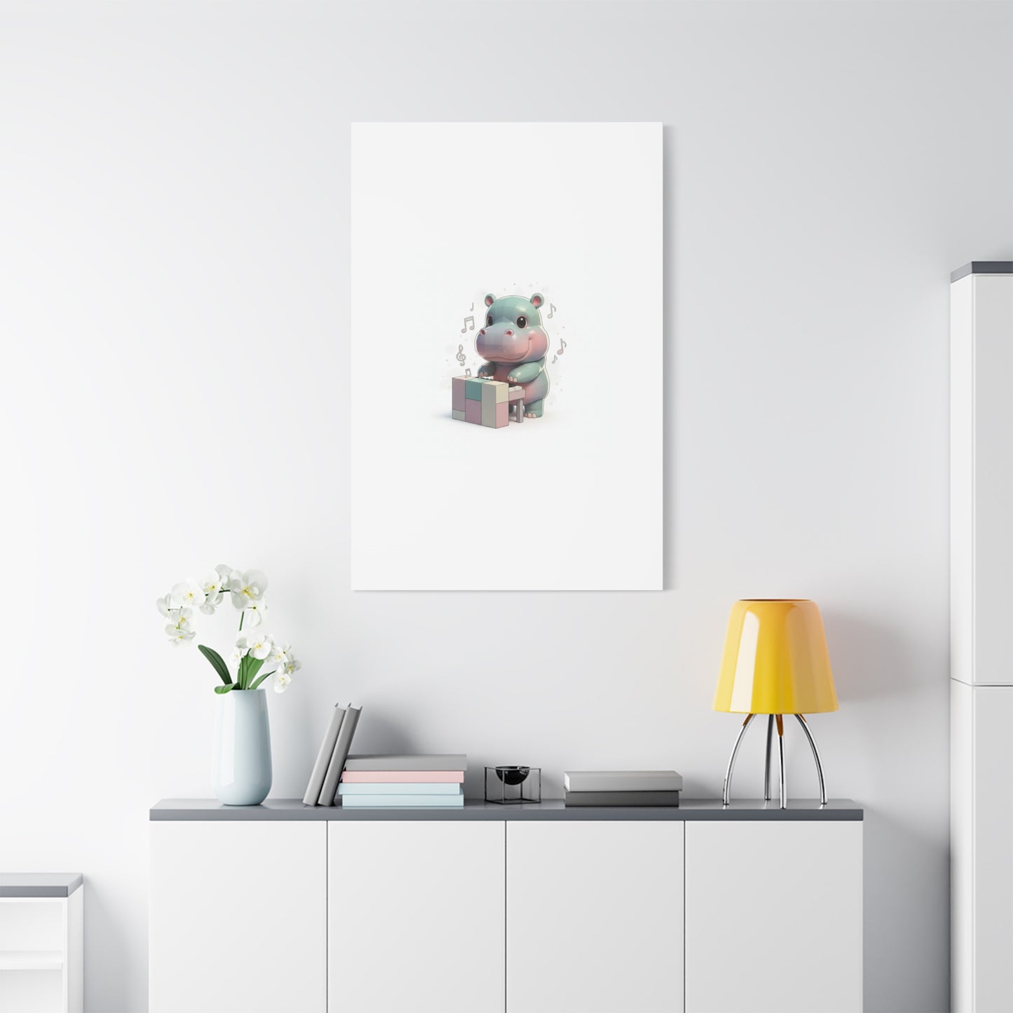 Cute Hippo Playing Piano Matte Canvas Print — Nursery Wall Art