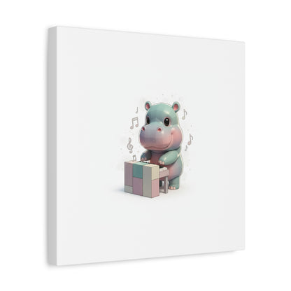 Cute Hippo Playing Piano Matte Canvas Print — Nursery Wall Art