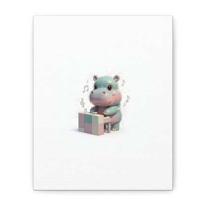 Cute Hippo Playing Piano Matte Canvas Print — Nursery Wall Art