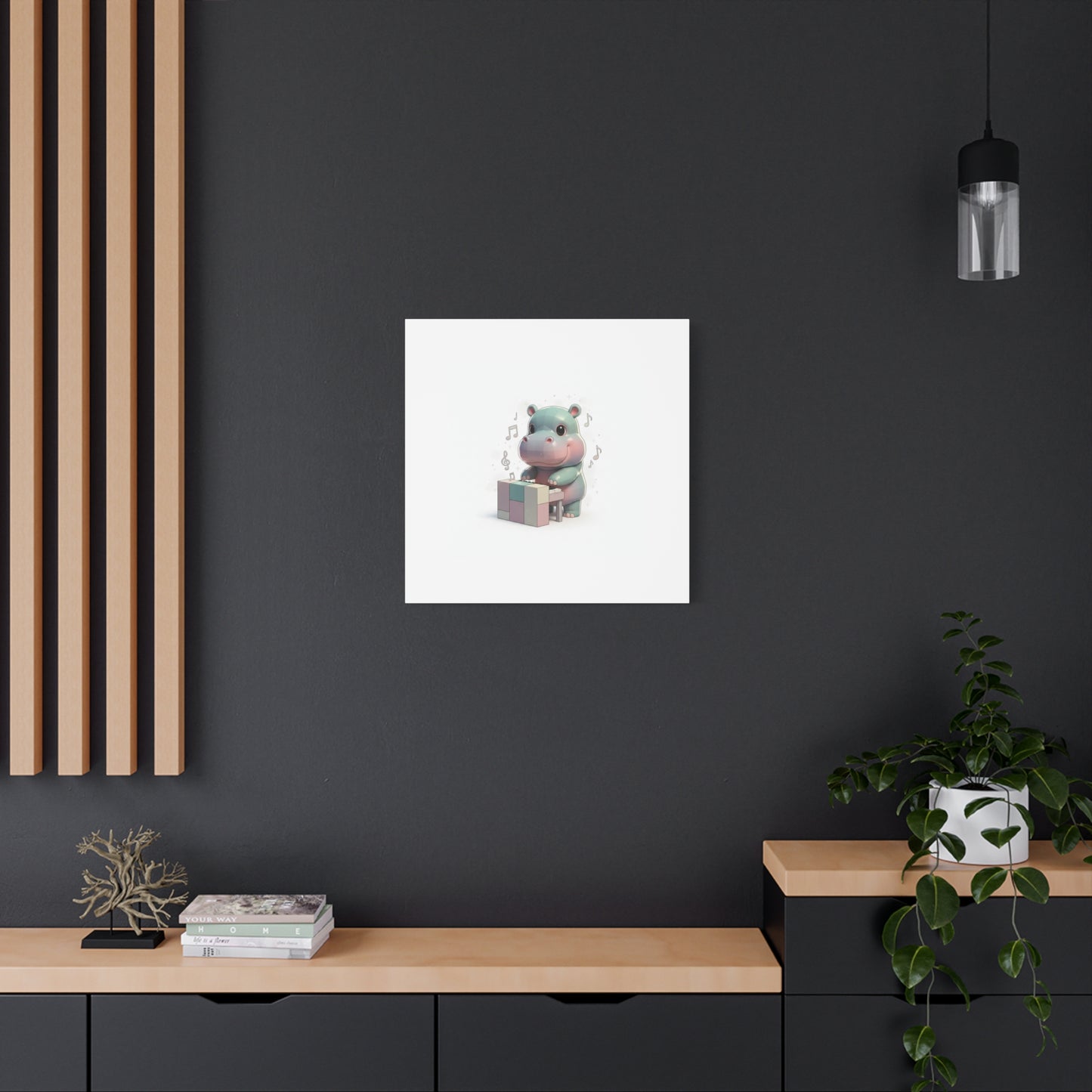 Cute Hippo Playing Piano Matte Canvas Print — Nursery Wall Art