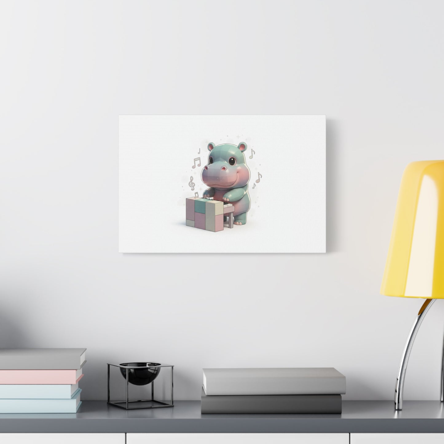 Cute Hippo Playing Piano Matte Canvas Print — Nursery Wall Art