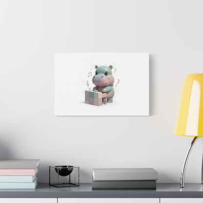 Cute Hippo Playing Piano Matte Canvas Print — Nursery Wall Art