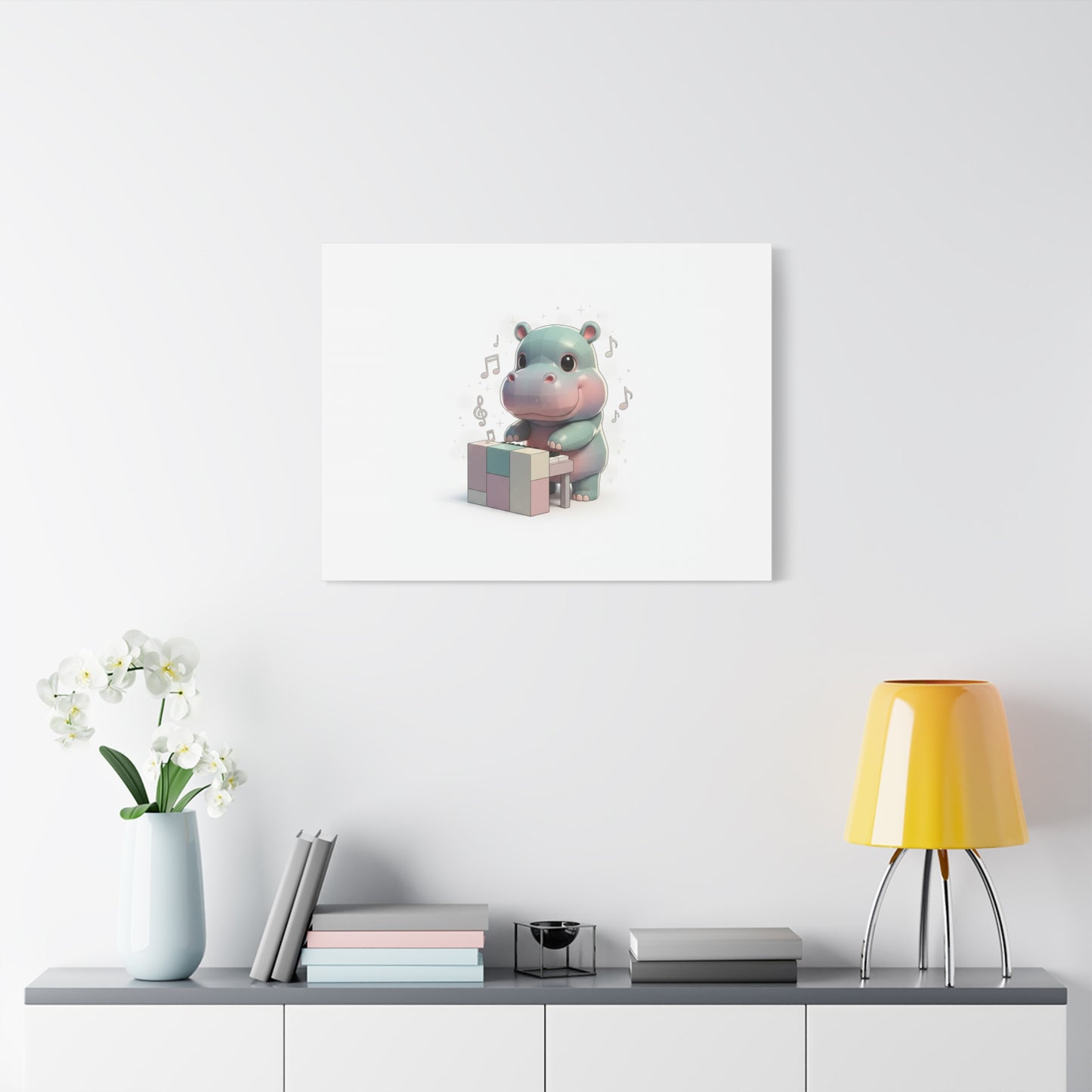 Cute Hippo Playing Piano Matte Canvas Print — Nursery Wall Art
