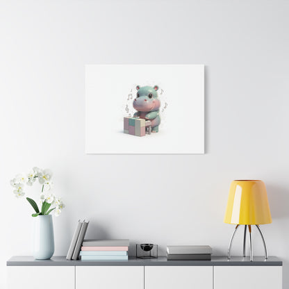 Cute Hippo Playing Piano Matte Canvas Print — Nursery Wall Art