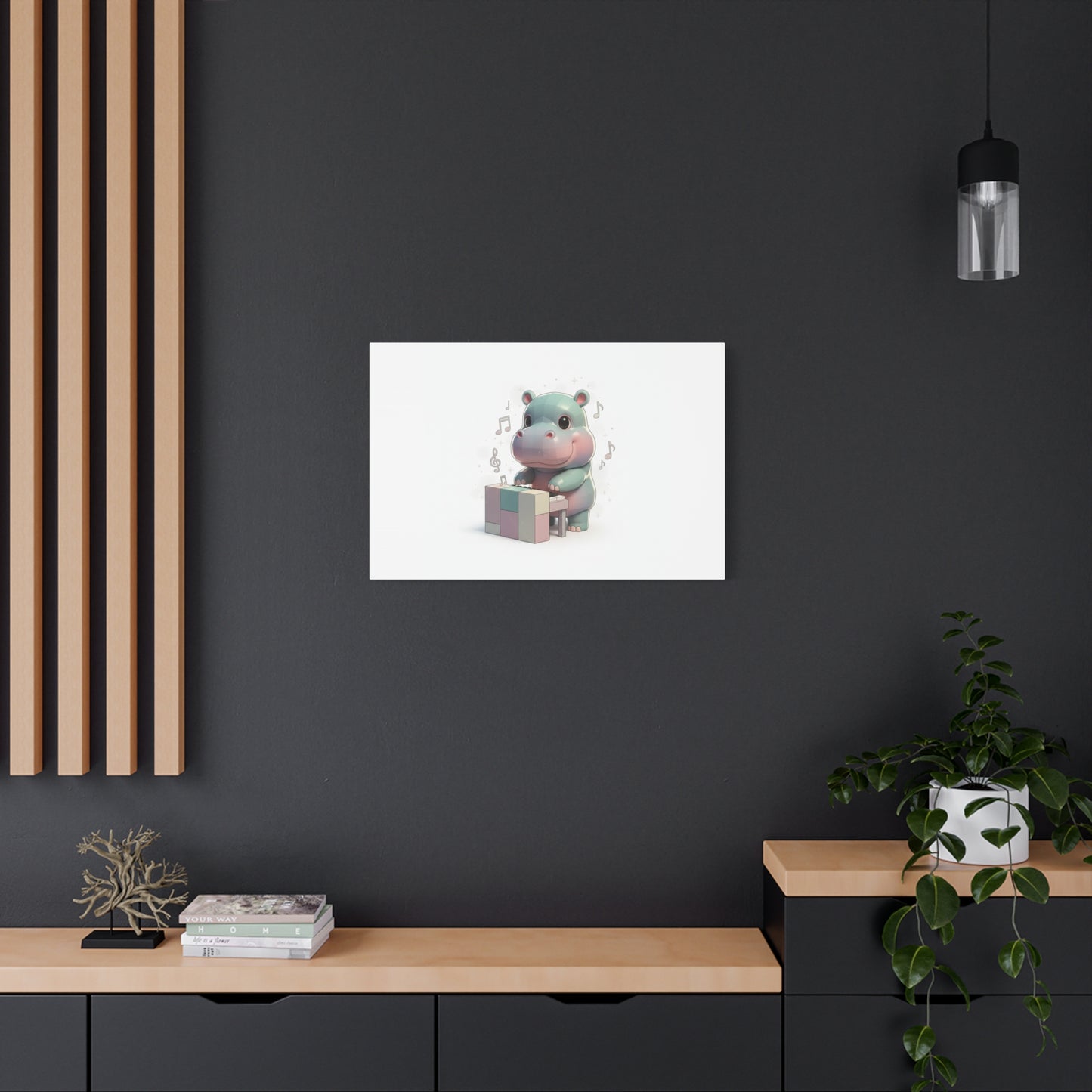 Cute Hippo Playing Piano Matte Canvas Print — Nursery Wall Art