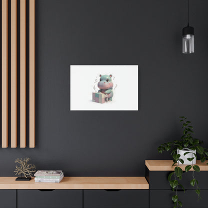 Cute Hippo Playing Piano Matte Canvas Print — Nursery Wall Art