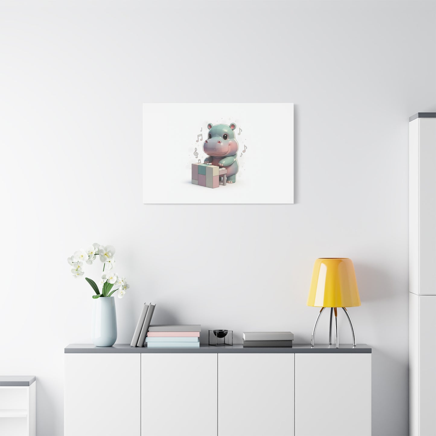 Cute Hippo Playing Piano Matte Canvas Print — Nursery Wall Art