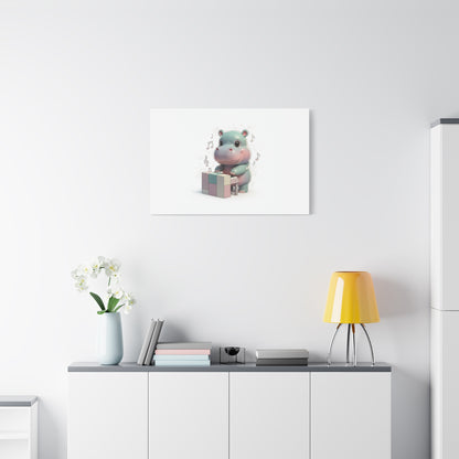 Cute Hippo Playing Piano Matte Canvas Print — Nursery Wall Art