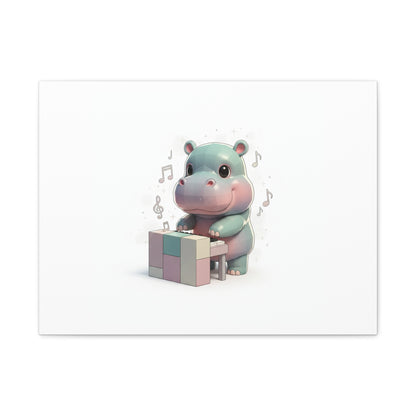 Cute Hippo Playing Piano Matte Canvas Print — Nursery Wall Art
