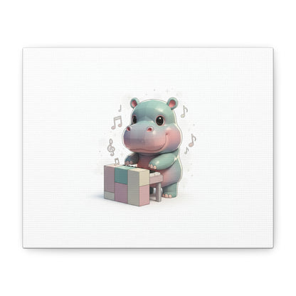 Cute Hippo Playing Piano Matte Canvas Print — Nursery Wall Art