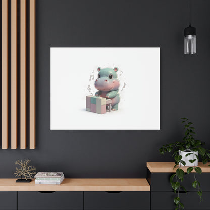 Cute Hippo Playing Piano Matte Canvas Print — Nursery Wall Art