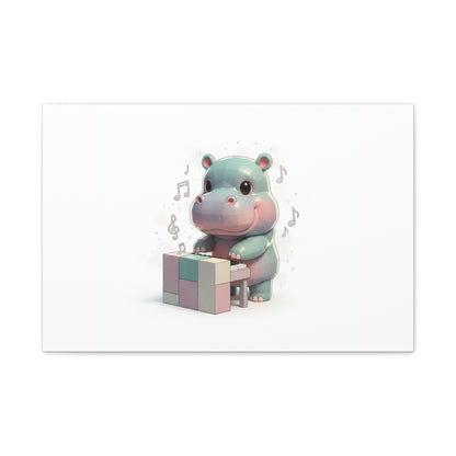 Cute Hippo Playing Piano Matte Canvas Print — Nursery Wall Art